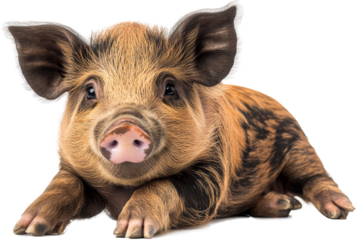 Cute piglet lying on transparent background, studio shot. Adorable animal and innocence concept
