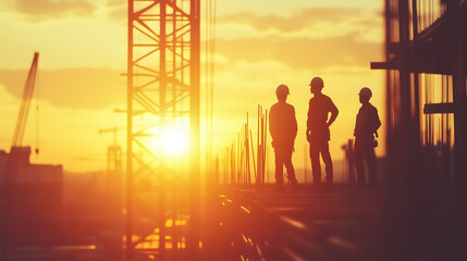 Fototapeta premium Silhouette of engineer and construction team working at site over blurred background for industry background with Light fair.