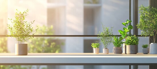 Fototapeta premium An elegant illustration with a minimalist design showcasing small potted plants on a large empty city balcony, banner 