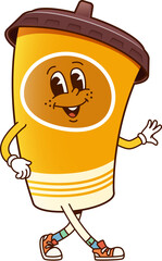 Groovy fast food coffee cup character with cheerful smiling expression and retro vibe. Isolated cartoon vector disposable coffee mug personage. Hot drink, engaging personage exudes joy and energy