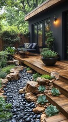 Contemporary minimalist garden featuring wooden decking, elegant succulents, and sleek architectural design elements