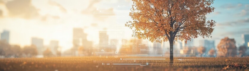Fototapeta premium Beautiful autumn tree in a serene urban landscape at sunrise.