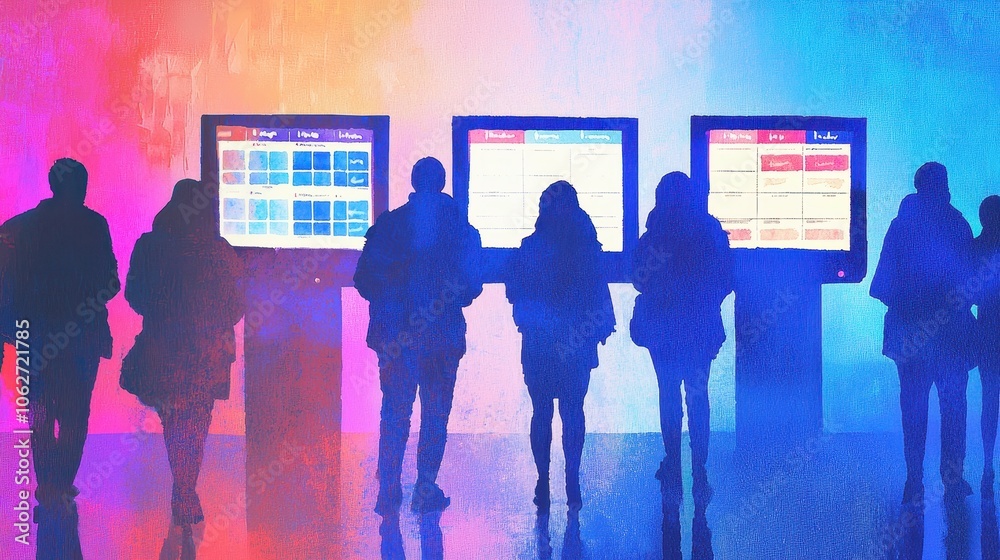 Poster silhouetted figures interact with vibrant, illuminated screens, creating a dynamic blend of color an