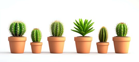 A row of potted cacti and succulents, arranged in a minimalist style, against a white background.