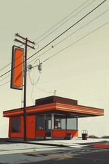 A 70s fast food side flat view, minimalist design