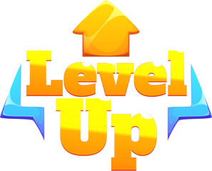 Level up game reward, rate icon featuring a bold yellow text with a glowing arrow pointing upwards. Cartoon vector pop up badge exudes excitement and achievement for gaming, apps and digital rewards
