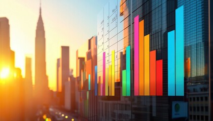 A vibrant city skyline at sunset features colorful bar graphs on glass buildings, symbolizing data analysis and economic trends.