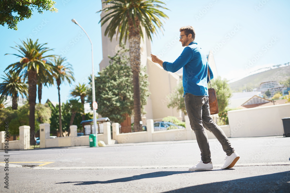 Poster man, walking and phone for journey in city, worker and travel consultant with guide app in town. mal