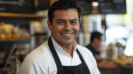 Fototapeta premium A smiling Hispanic man wearing an apron stands in a restaurant, looking directly at the camera.