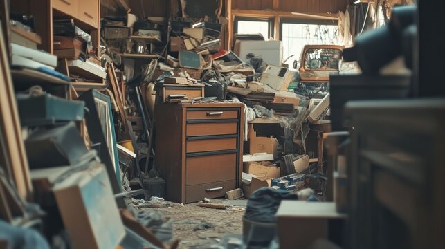 A cluttered room filled with old furniture, boxes, and other objects.