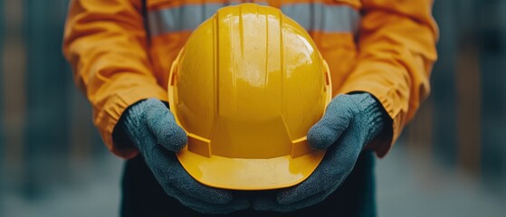 A person in an orange safety jacket holds a yellow hard hat, emphasizing workplace safety and protective gear in a construction setting.