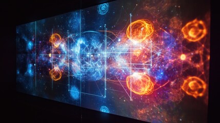 Abstract digital art with blue and orange glowing orbs and geometric lines on a dark background.