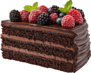 Chocolate cake slice with berries and mint on transparent background. Dessert and culinary art concept