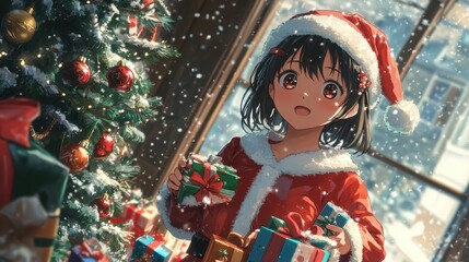 A cheerful anime girl dressed in a Santa Claus costume, surrounded by colorful presents and a decorated Christmas tree, with snow falling gently outside the window.