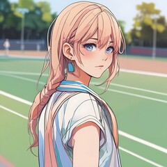  The image shows a female tennis player in a white shirt and a white cap, standing on a tennis court with a sunset in the background.