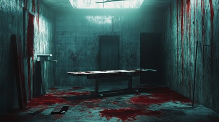 A dimly lit room with a bloody operating table, a bloody wall and two closed doors. The room looks like a horror movie set.