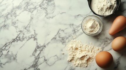 Flat lay of baking ingredients on a marble countertop with copy space.