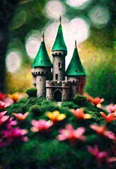  The image shows a whimsical miniature castle surrounded by colorful flowers. The castle has three green towers and a stone base, and is set against a blurred forest background.
