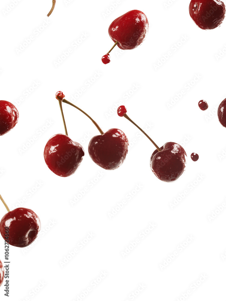 Poster cherries floating in the air, isolated on transparent background