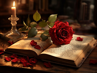  Red rose on an open book with scattered petals and a lit candle, romantic and serene atmosphere
