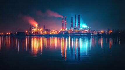 A nighttime view of a large industrial complex with smoke stacks emitting steam, reflected in a calm body of water.