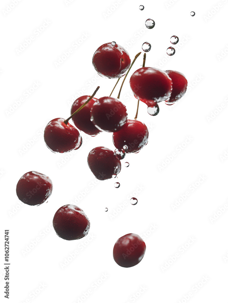 Poster cherries floating in the air, isolated on transparent background