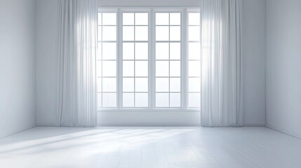 Obraz premium Bright Minimalist Room with Large Window and Curtains