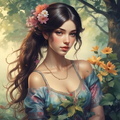  The image features a beautiful, long-haired woman with flowers in her hair, standing in a garden with a tree and yellow flowers in the background.