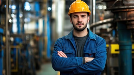 A young man in a blue jumpsuit and yellow hard hat stands in a factory with his arms crossed.