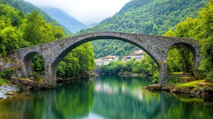 Fototapeta premium Scenic Stone Bridge Over Calm River in Lush Green Landscape