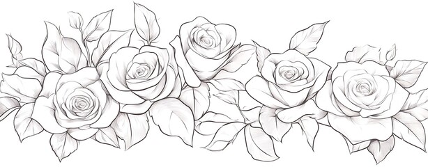 Rose flower arrangement line art on white background. Silhouette roses botanical hand drawn element for wedding, invitation frame design. Generative Ai