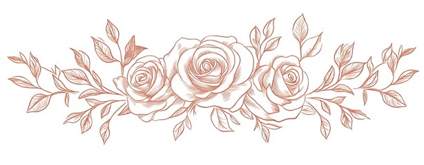 Rose flower arrangement line art on white background. Silhouette roses botanical hand drawn element for wedding, invitation frame design. Generative Ai