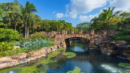 Beautiful Tropical Landscape with Scenic Stone Bridge