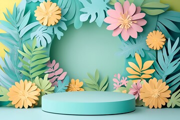 Round display podium mockup, paper cut spring flowers and leaves. Spring floral background, pedestal, stage for beauty and cosmetic product ads. Generative Ai