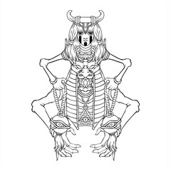 Mythical Creature with Pharaoh and Beastly Elements Line Art Illustration