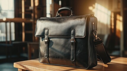 A black leather briefcase with a shoulder strap sits on a wooden table in front of a window.
