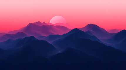 Abstract Mountains at Sunset with a White Circle Sun