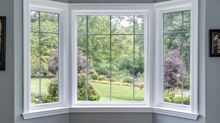Fototapeta premium Serene View from a Bay Window in a Garden Setting
