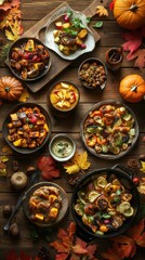 A cozy autumn spread featuring roasted vegetables, pumpkin dishes, and spiced apple cider.