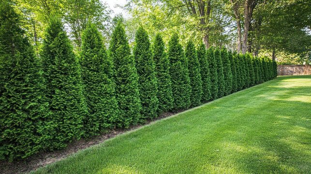 A row of emerald green arborvitae trees form a hedge along a manicured lawn.