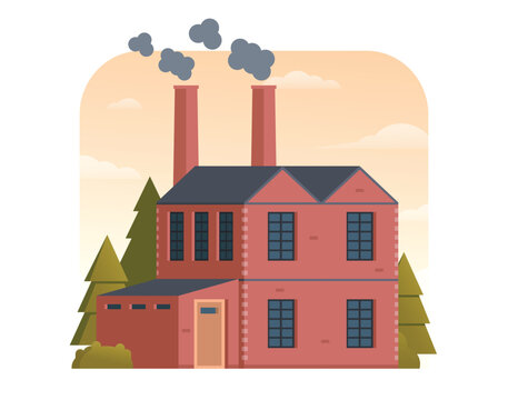 red factory building with smoke, trees, sky clip art preview