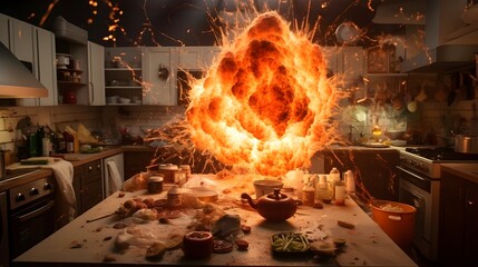Dramatic Fireball Explosion in Kitchen with Floating Garlic Onions and Chili Peppers Creating a High Energy Wide Angle Culinary Scene