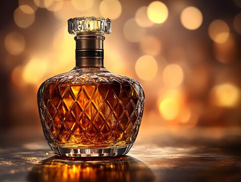 A bottle of amber-colored liquor with a crystal stopper and a diamond pattern sits on a dark surface with a blurry background of soft golden lights.