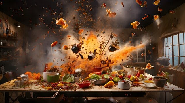 A dramatic motion focused scene of a fiery kitchen disaster with various spices vegetables and cooking tools suspended in mid air amid an explosive backdrop