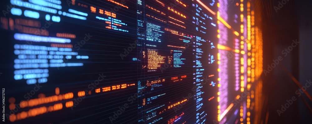 Poster a vivid digital display shows colorful code and data streams, creating a futuristic atmosphere of te