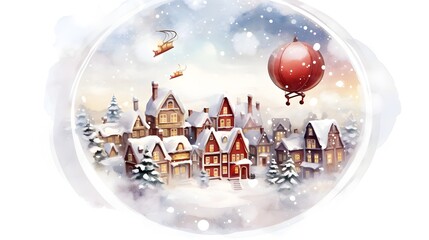 Enchanting Santa s Sleigh Snow Globe Flying Above a Quaint Snowy Winter Town in a Whimsical Watercolor Style Painting  Magical Christmas Holiday with Twinkling Lights and Sparkling Snowfall