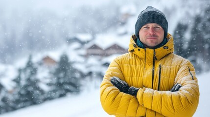 A man in a yellow winter jacket stands with his arms crossed in a snowy landscape.