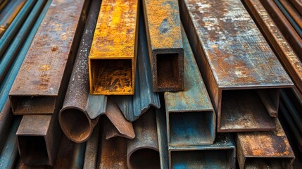 A close-up shot of a pile of rusted steel beams and pipes.