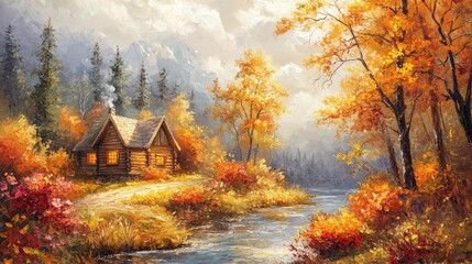 Oil painting on canvas autumn landscape with wooden old house near river, beautiful flowers and trees.