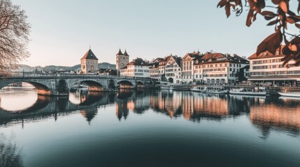Fototapeta premium Scenic View of Lucerne with Bridge and Mountains